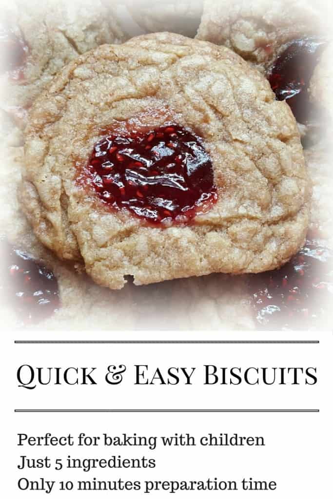 Quick and easy biscuit recipe. Perfect for cooking with children, this takes just 10 minutes to prepare and 25 minutes to cook. From zero to jammy biscuits in 35 minutes. 
