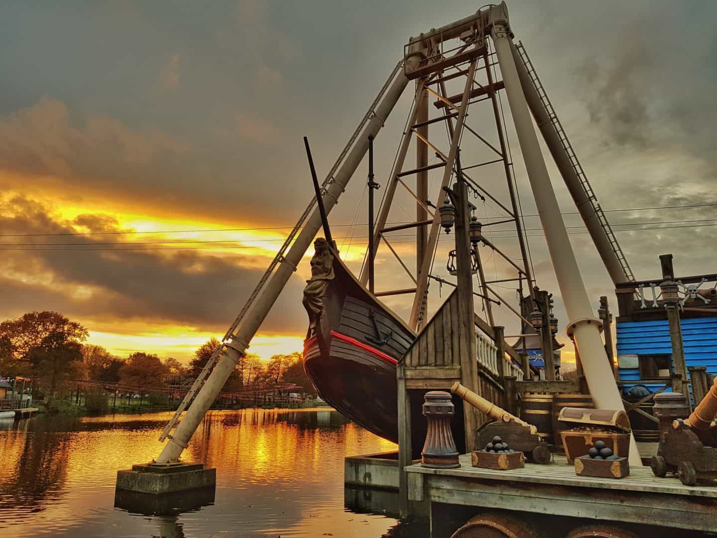 Sunset over the Pirate Ship one of the things to do at Drayton Manor Park Staffordshire half term February 2023