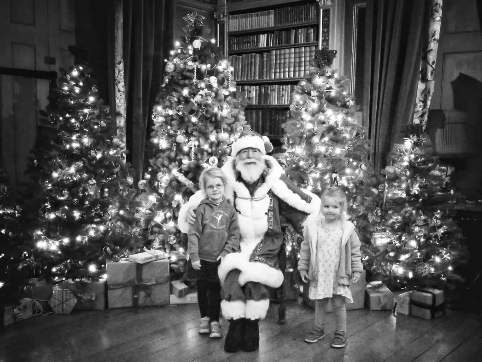Two little girls standing with Santa in front of five Christmas trees with lots of presents beside them. 