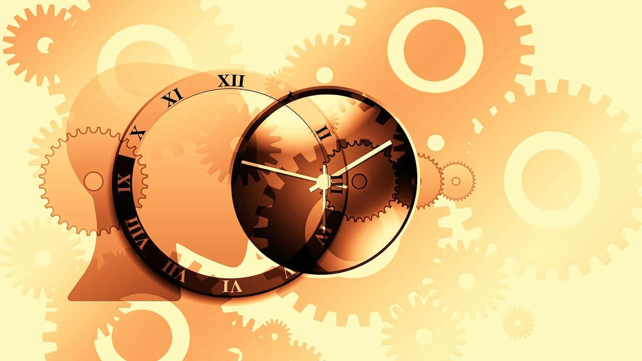 Clock face, abstract picture including a person's face and cogs