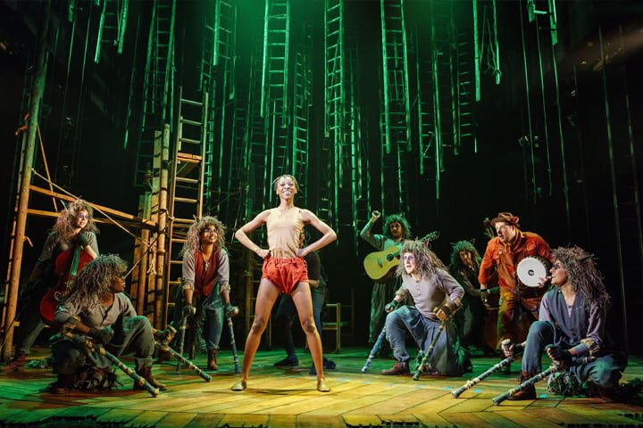 Mowgli surrounded by the wolf pack on stage in The Jungle Book at Malvern Theatres.