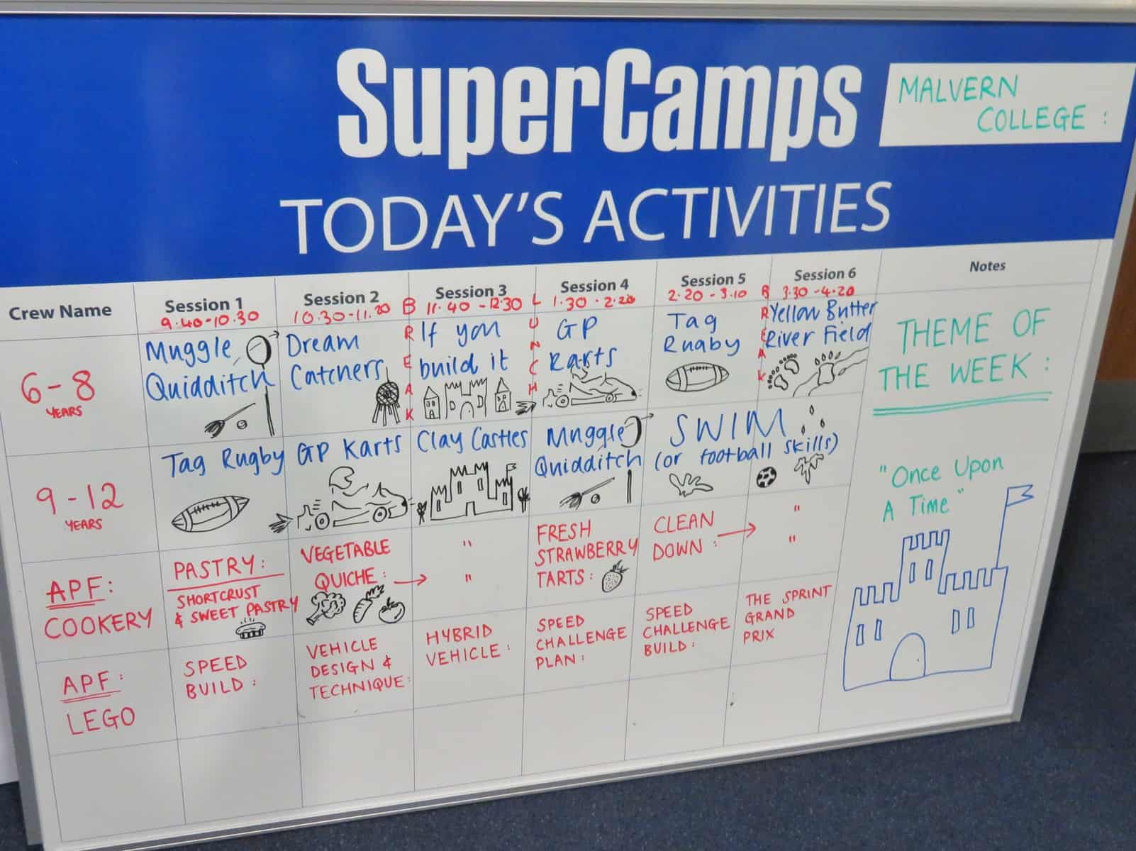 Super Camps Malvern College activities written on a white board