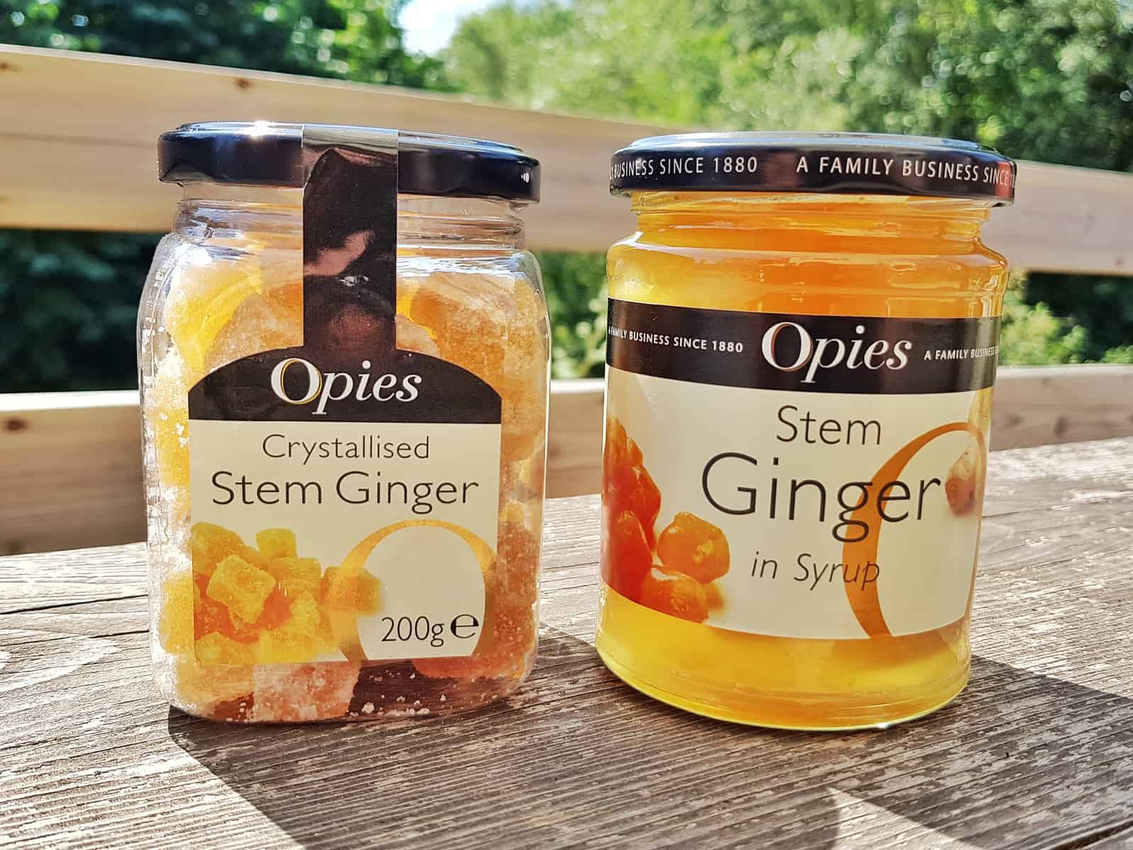Jar of opies stem ginger in syrup and jar of opies crystallised stem ginger