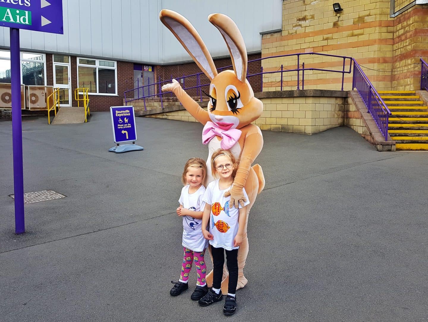 A family day out at Cadbury World Birmingham West Midlands little girls with cadbury bunny