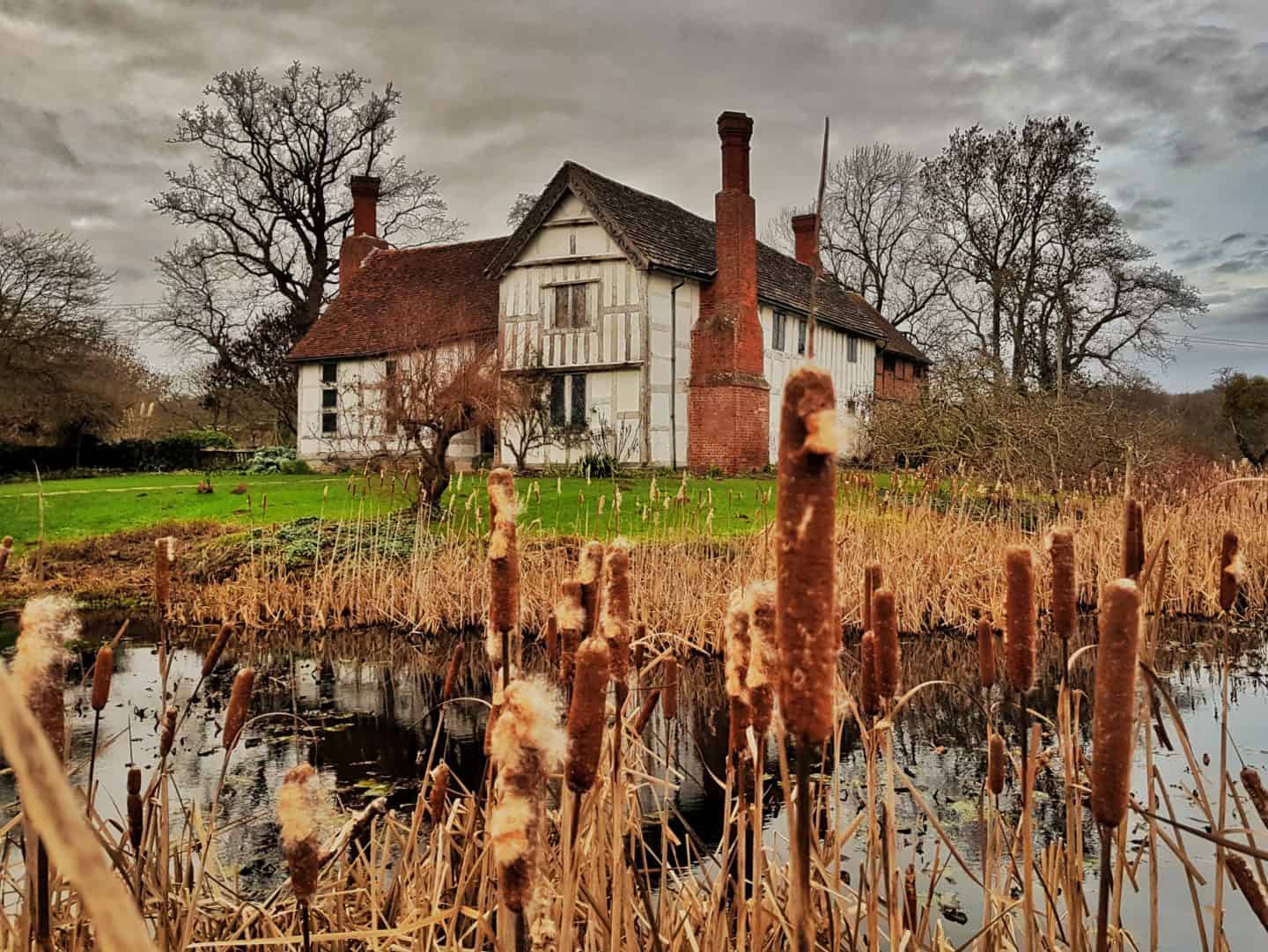 Brockhampton National Trust manor house in Herefordshire viewed from across a pond with reeds in foreground