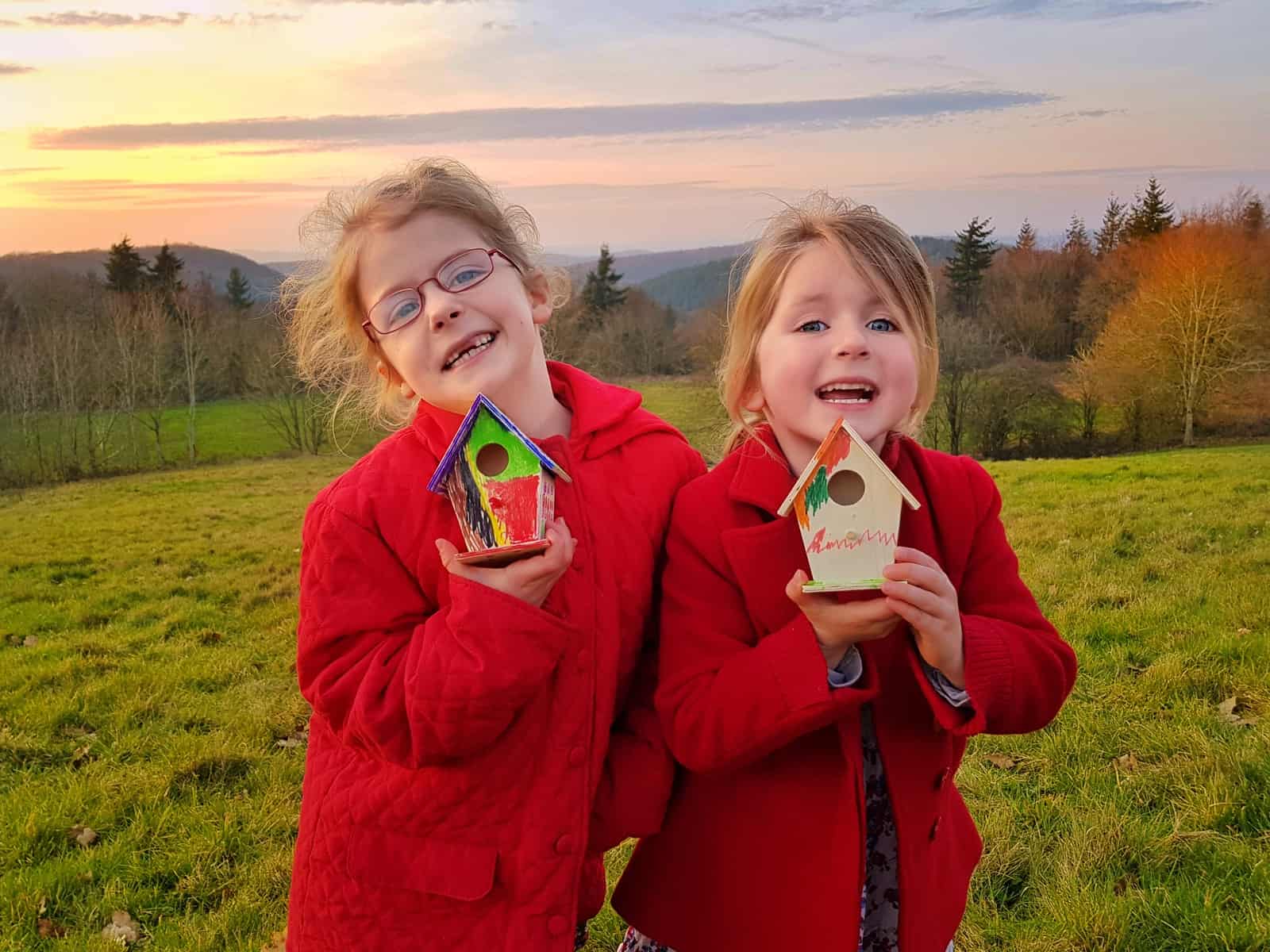 Crowngate Shopping Centre Worcester kids club girls showing bird houses against sunset sky