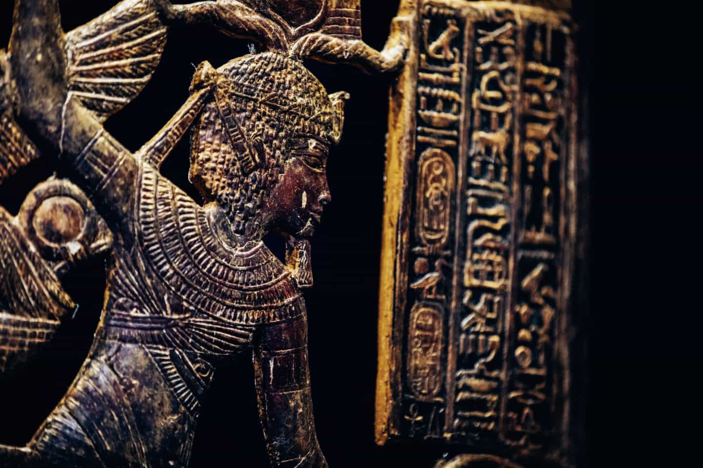 Close up of a ceremonial shield from the Tutankhamun exhibition at the Saatchi Gallery in London