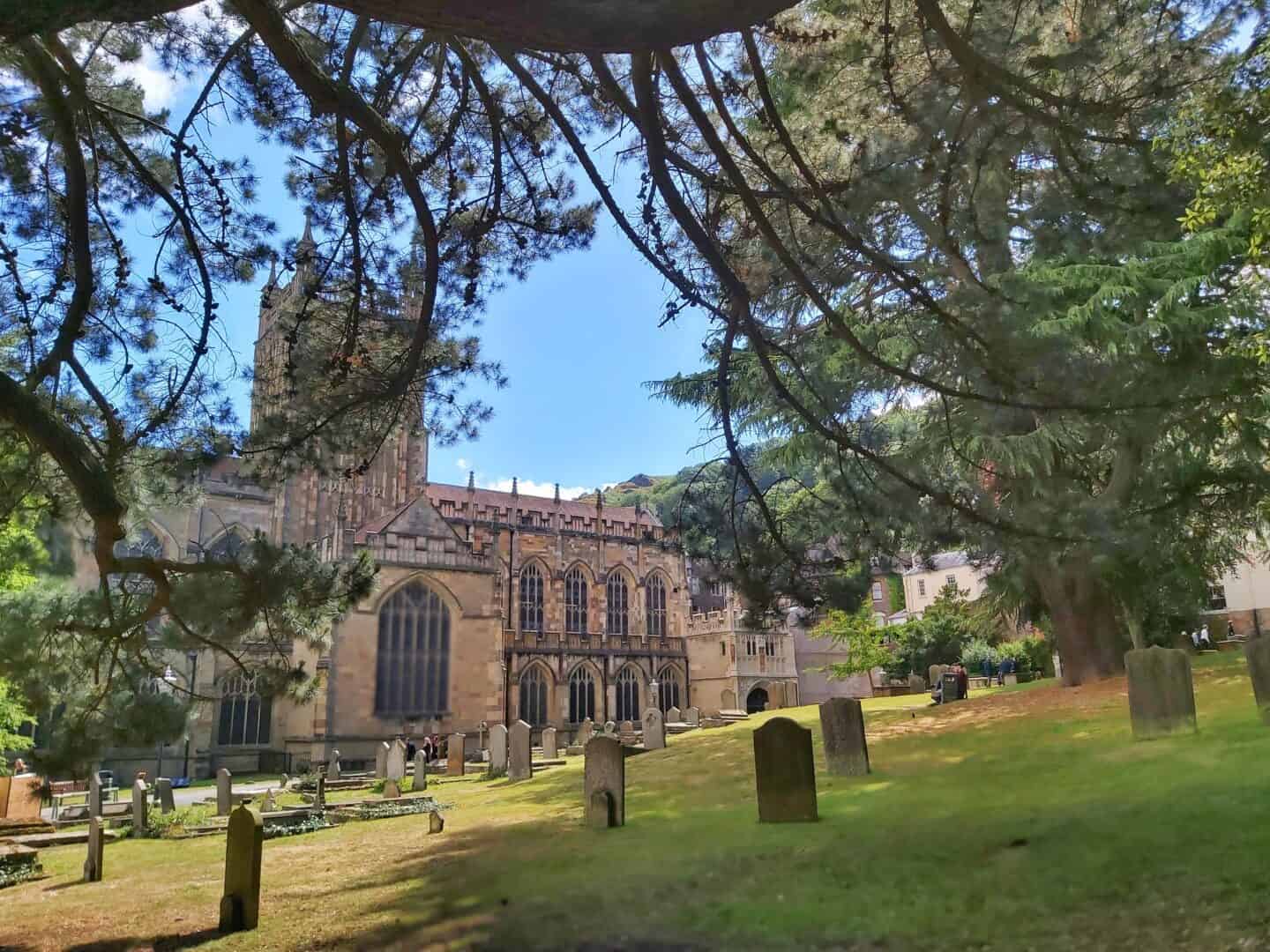 Malvern Priory viewed through the branches of an evergreen tree