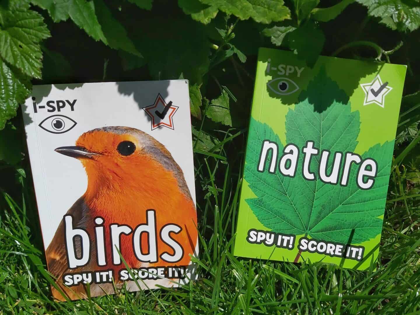 i-spy bird book with a robin on the front and i-spy nature book with a green leaf on the front