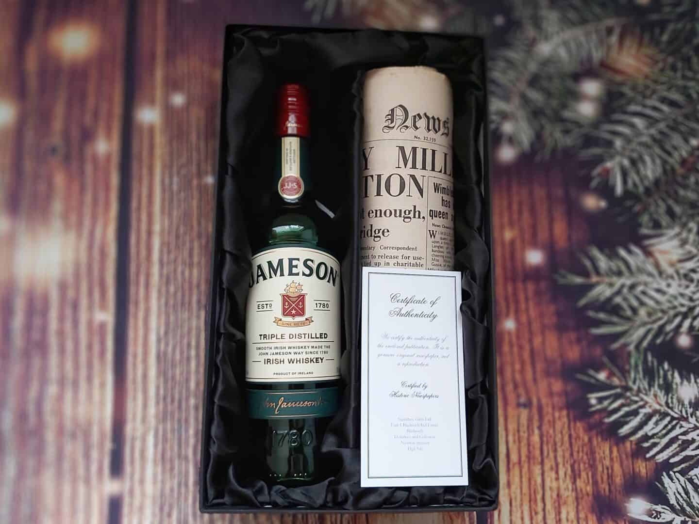 Jameson Irish Whiskey and Newspaper Gift Set with certificate of authenticity in presentation box