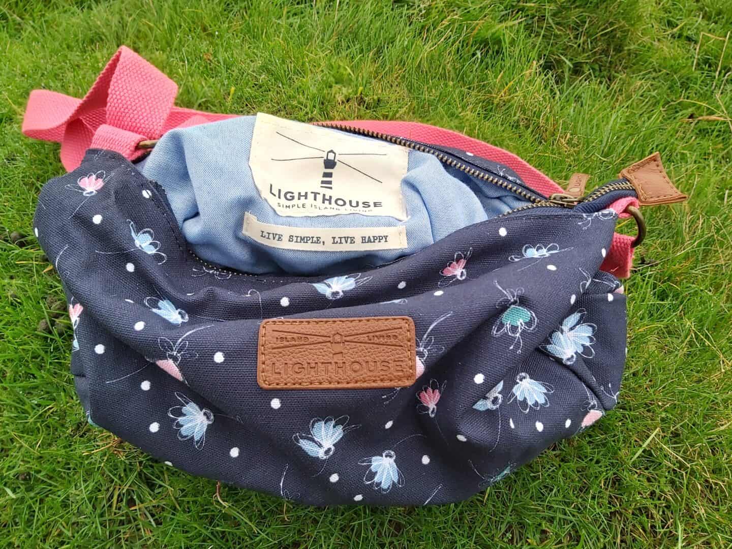 Night Sky Floral Cross Over Bag from Lighthouse Clothing open with label showing on inside