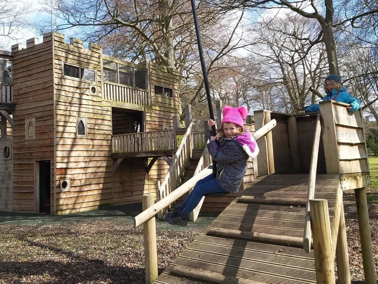 Lia on the zip wire at Sudeley Castle adventure playground