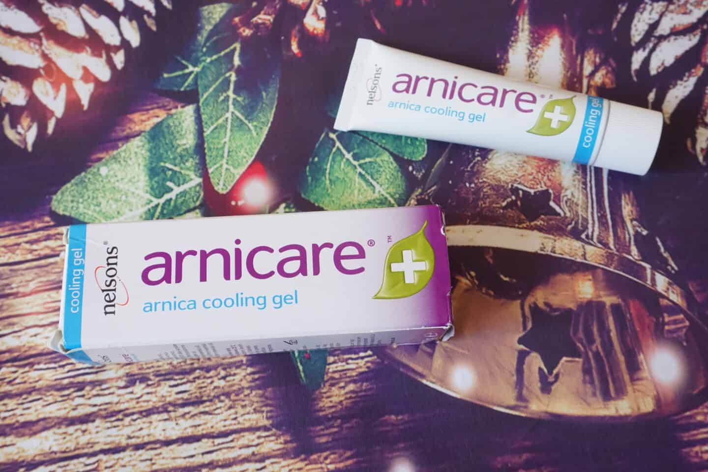 Arnicare cooling gel on a festive background ready to go in a virtual run goodie bag