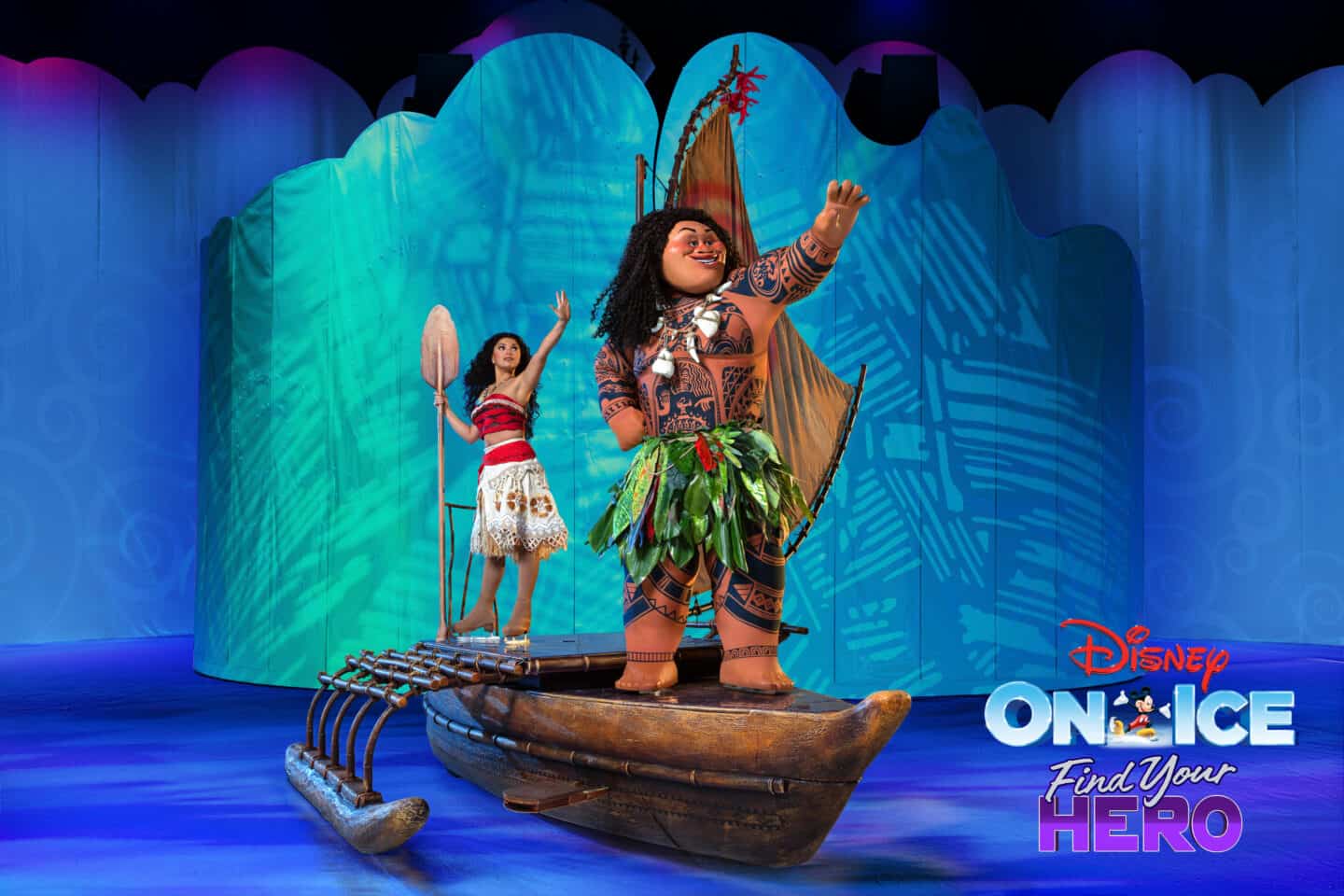Moana and Maui on a boat on stage in Disney on Ice Find Your Hero