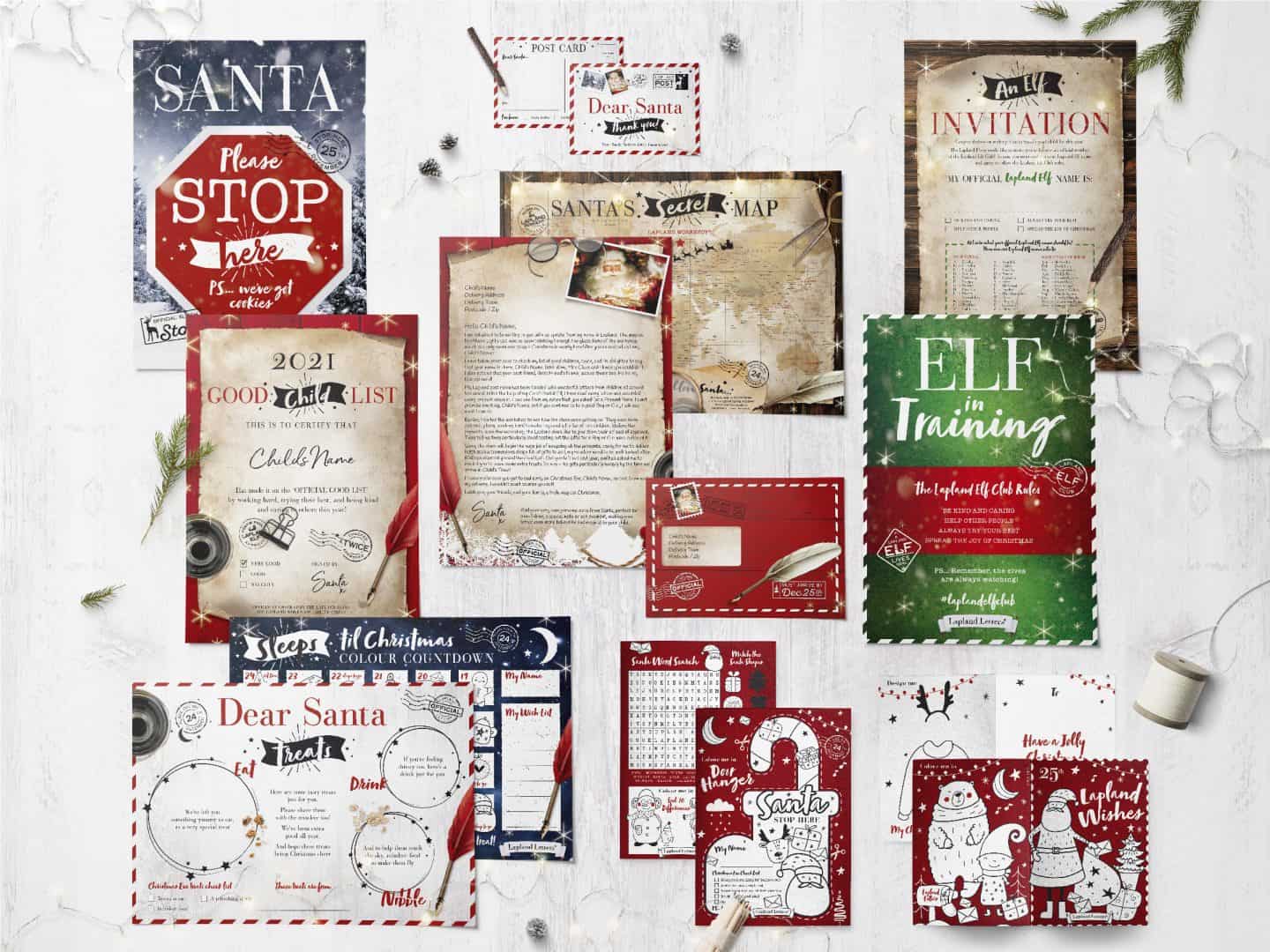 Lapland Letters bundle displayed flat including Santa Stop Here poster, map, letter and other items