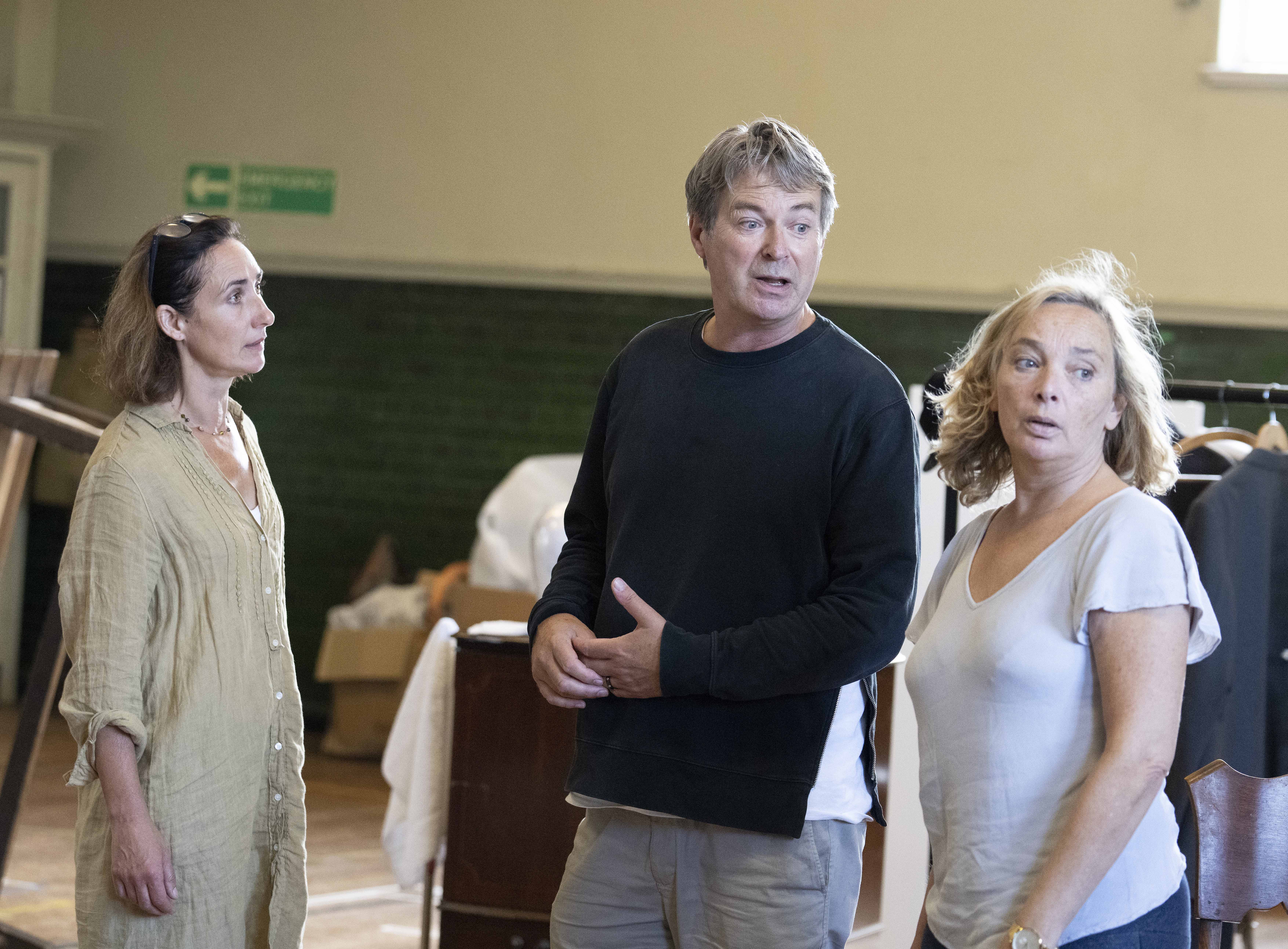 Julian Clary and other cast members rehearsing The Dresser at Malvern Theatres 