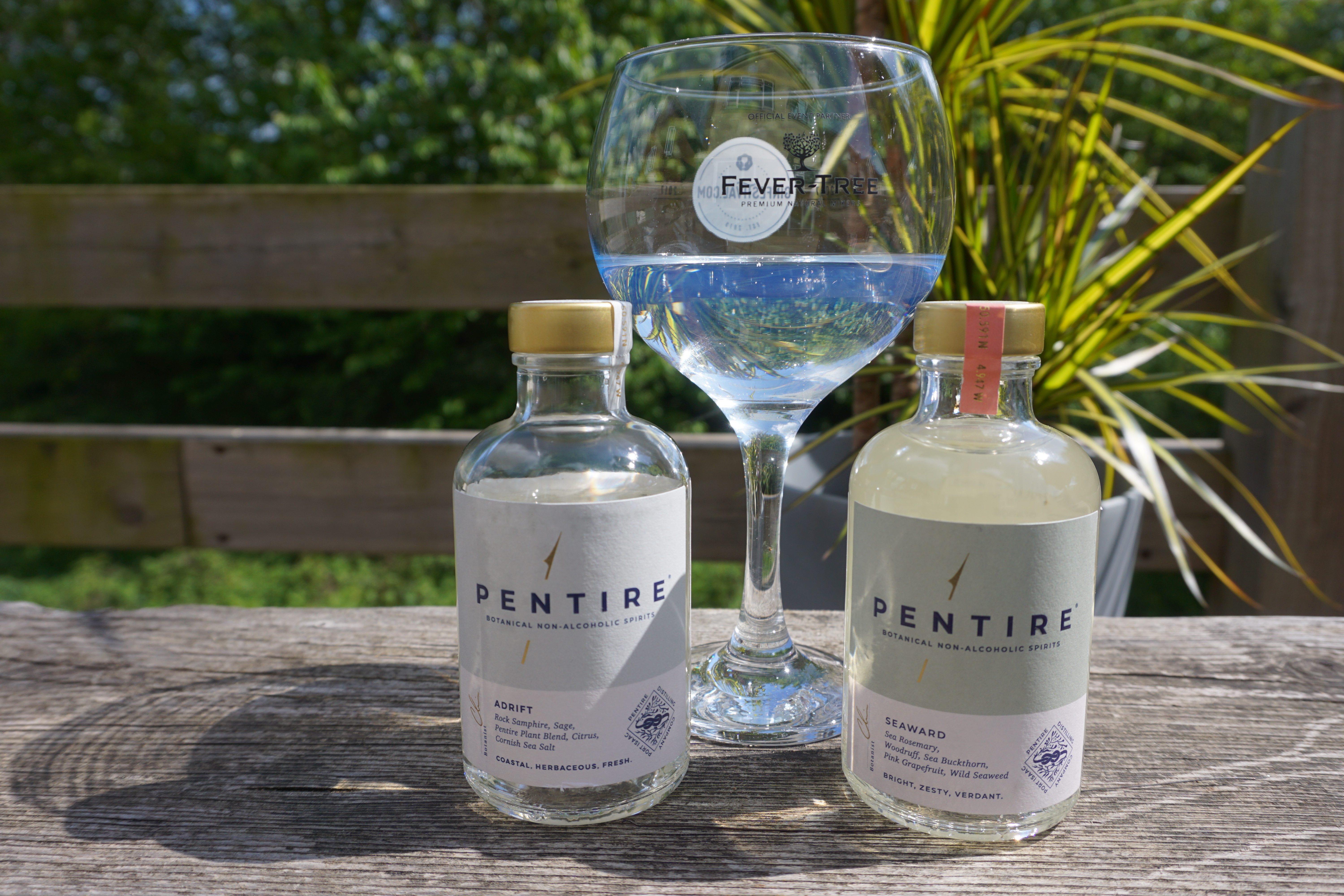 Pentire non-alcoholic spirits displayed in small see through glass bottles in front of a glass with greenery behind