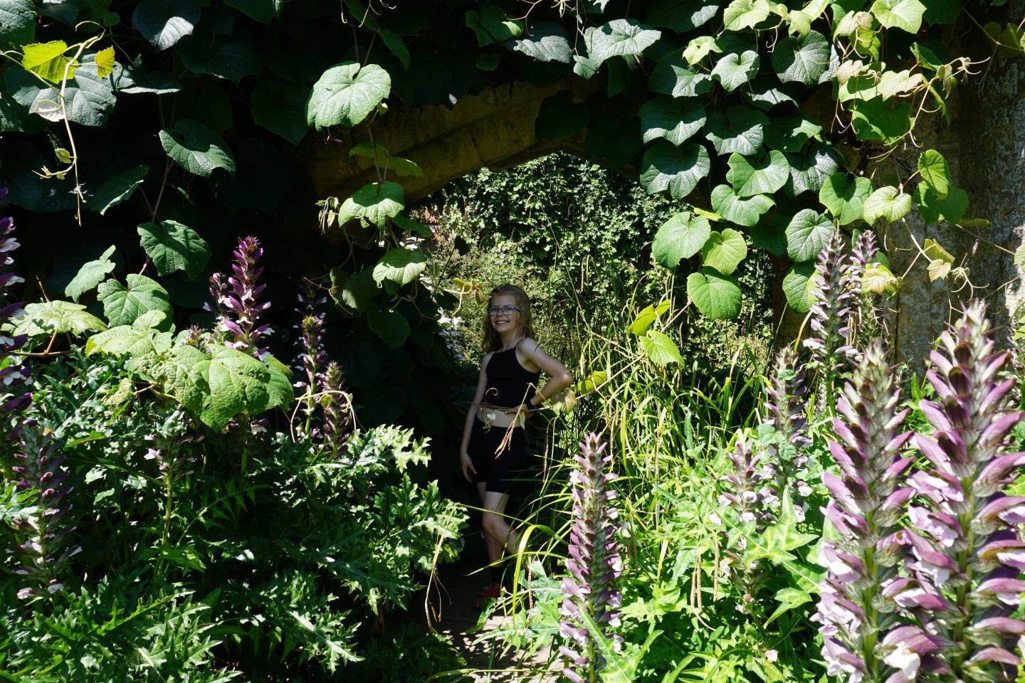 Girl dressed in black in the plants among ruins at Sudeley Castle