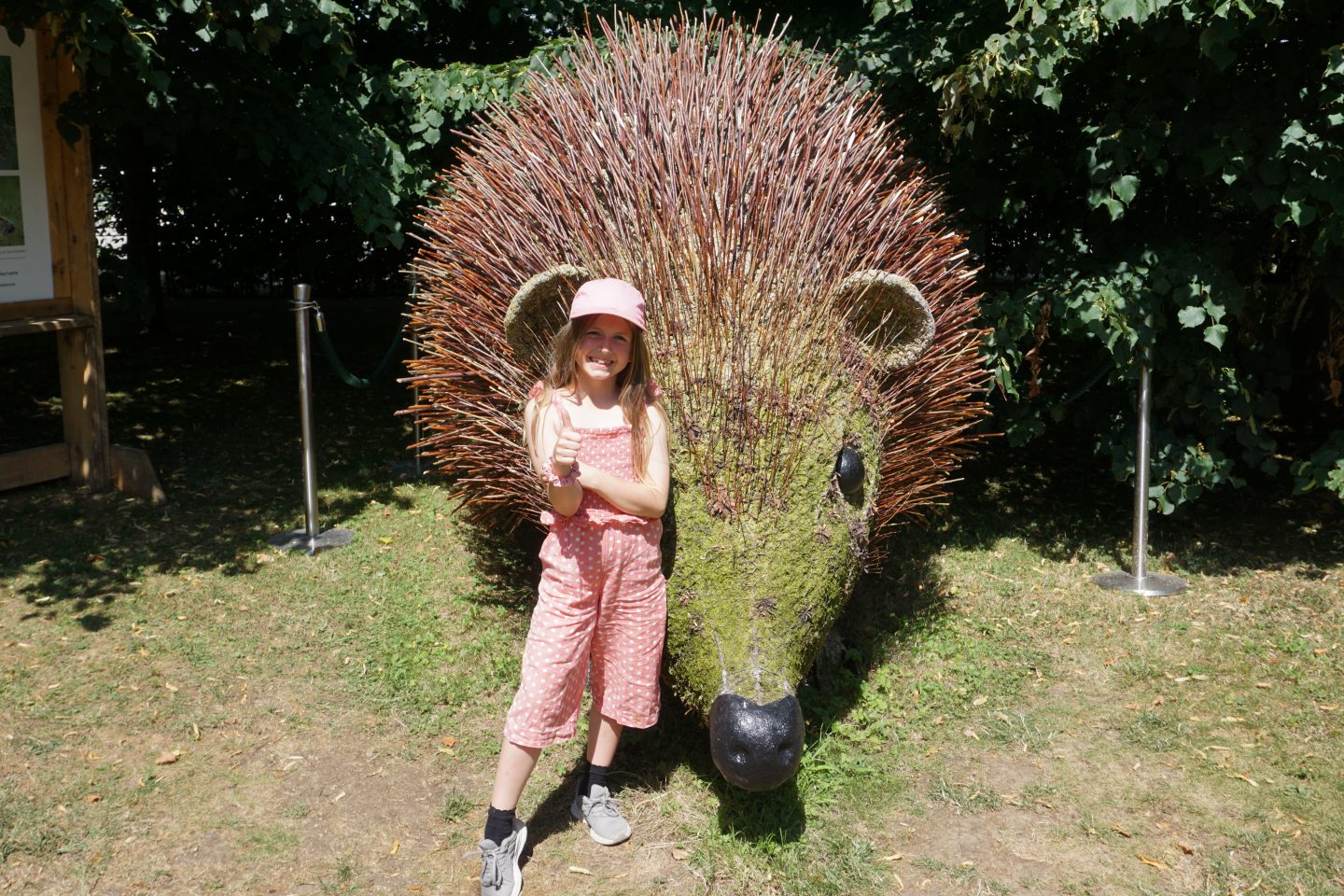 Giant hedgehog sculpture with girl dressed in pink stood beside it