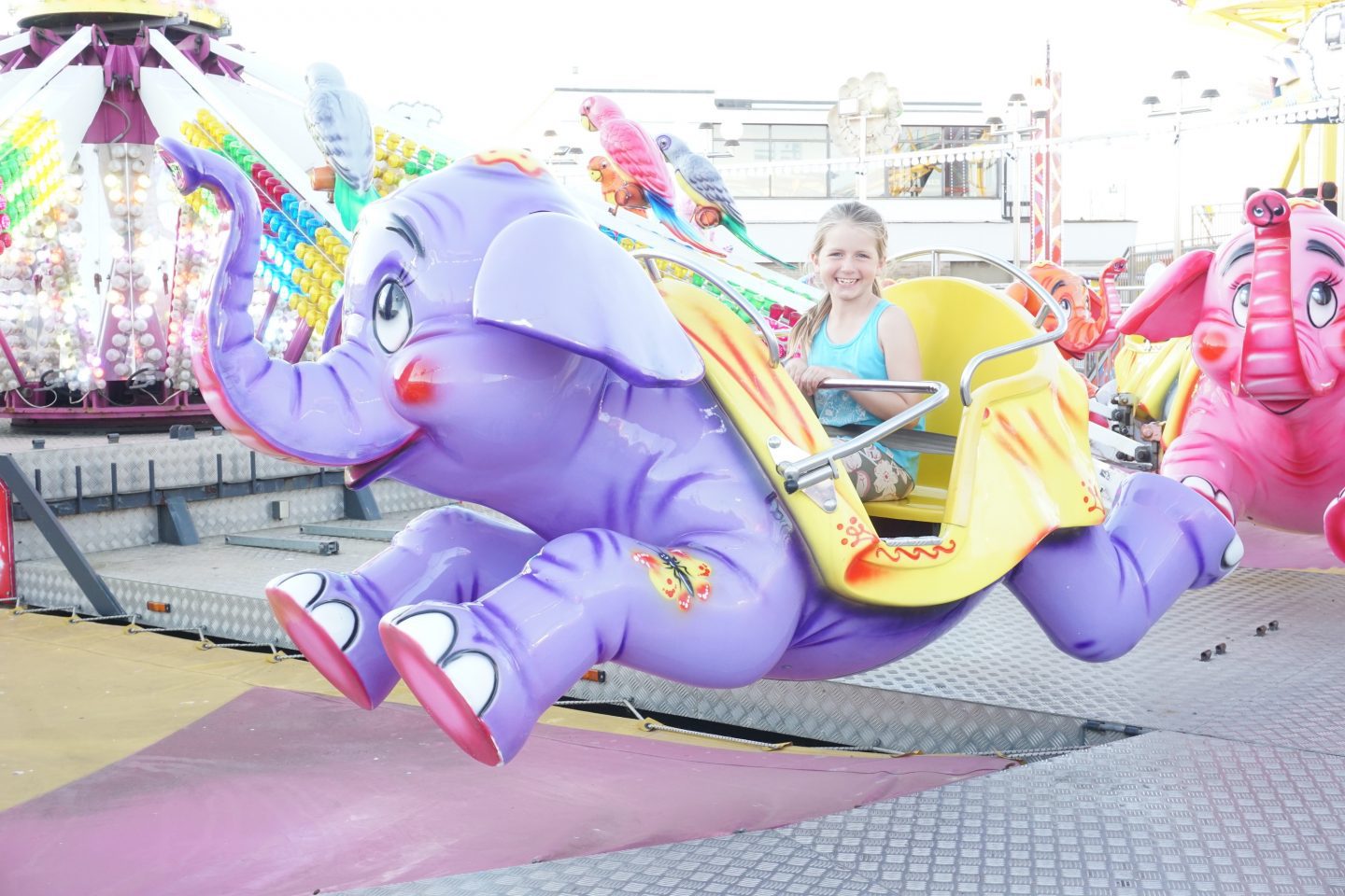 Girl on purple elephant on flying Dumbo ride at dog friendly Great Yarmouth Pleasure Beach
