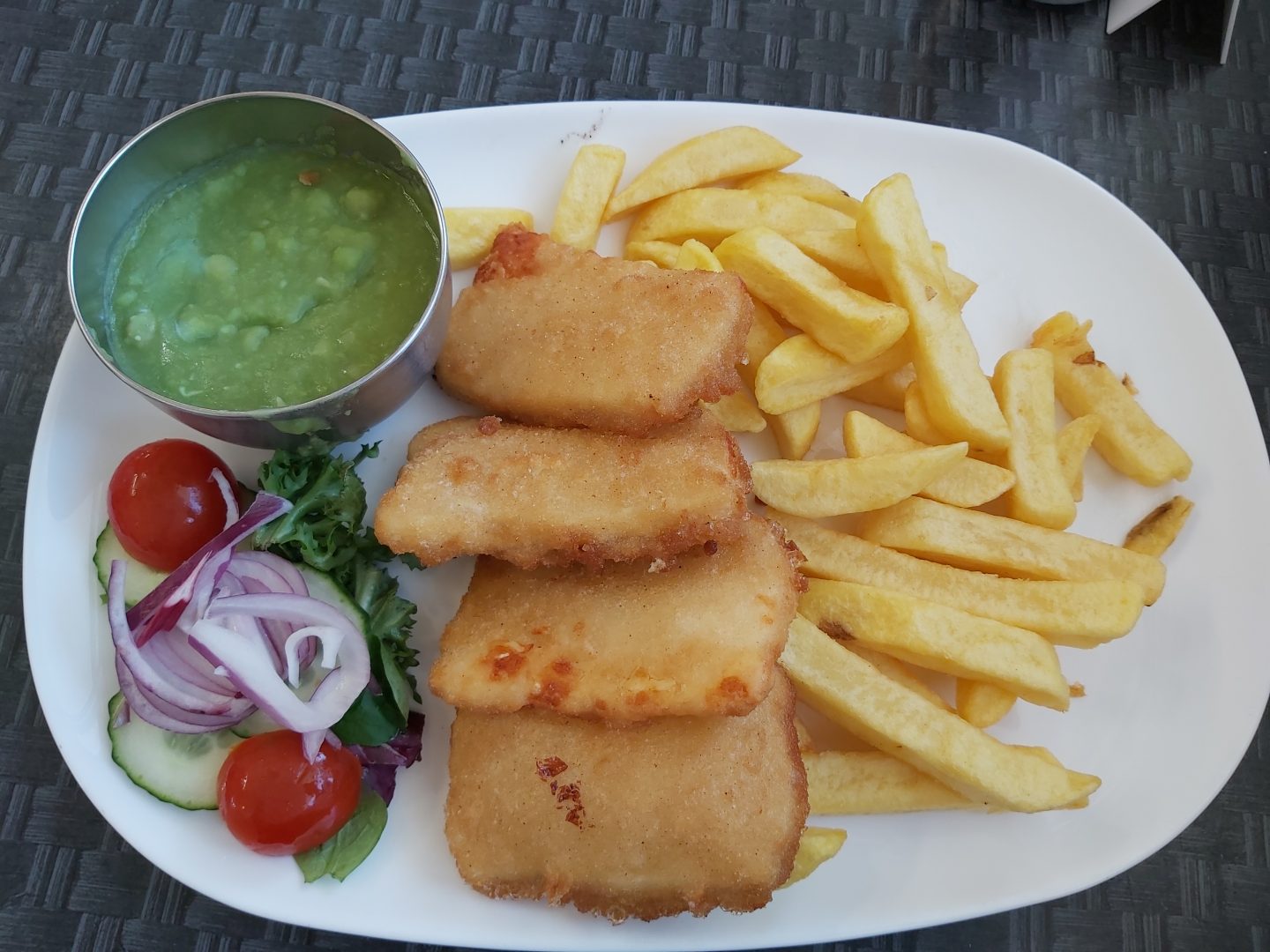 Beer battered halloumi with chips, salad and mushy peas at Sara's Tearoom dog friendly eatery in Great Yarmouth