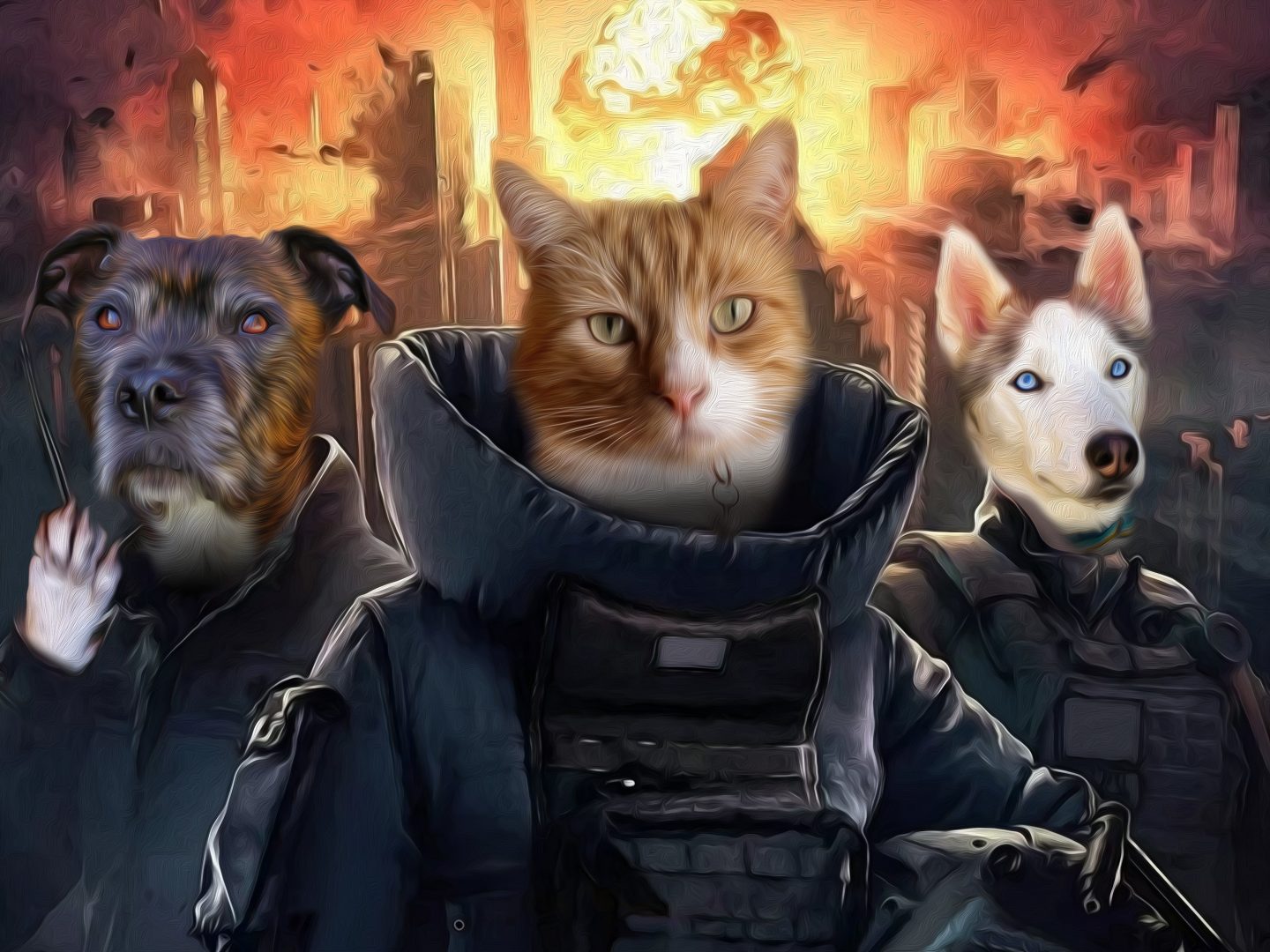 Cat and two dos dressed in hero suits walking away from an inferno using photos of the pets gifts for dog lovers