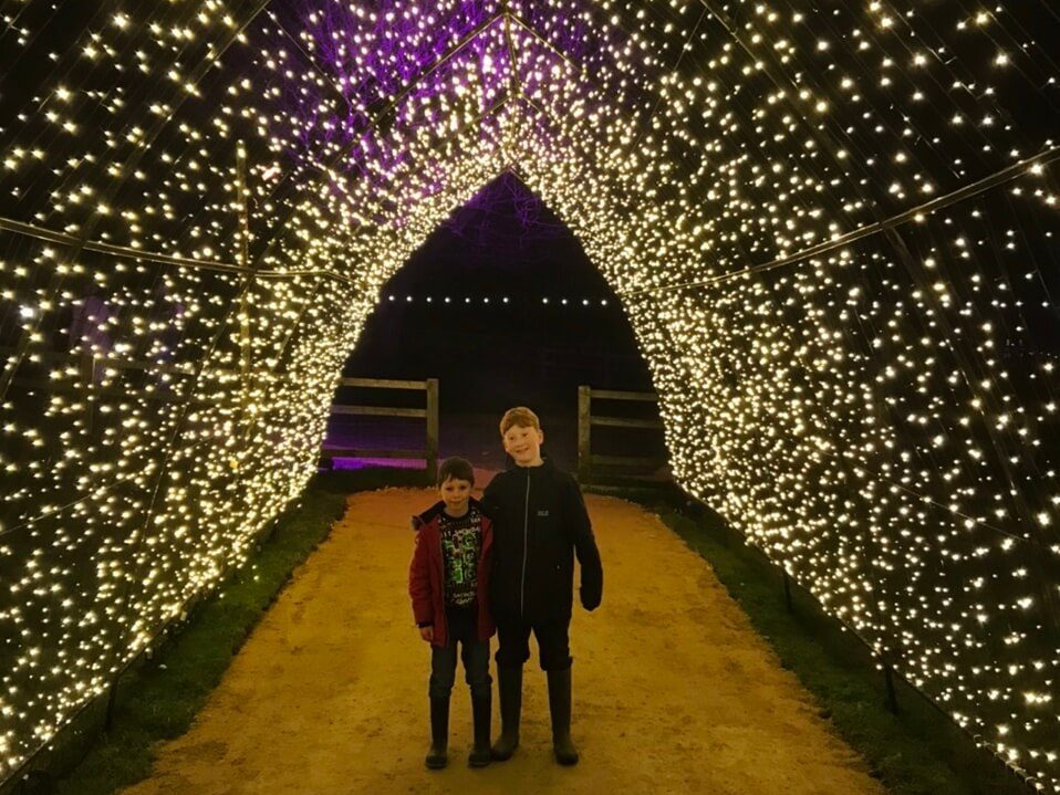 Two boy in the light archway at the Cotswold Farm Park Enchanted Light Trail