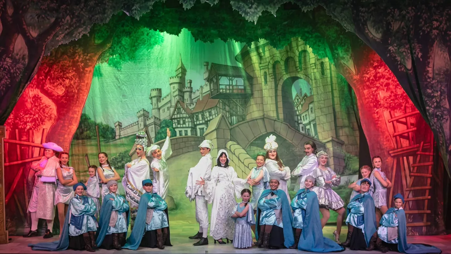 Professional performers and ensemble on stage in the Ludlow Pantomime