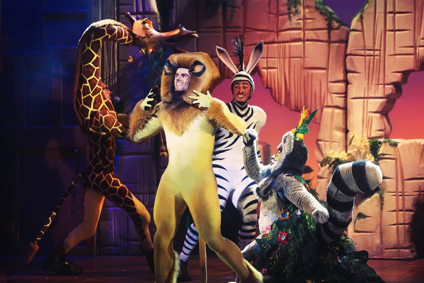 Alex, Melvin and King Julian on stage in Madagascar the Musical at the Alexandra Theatre Birmingham