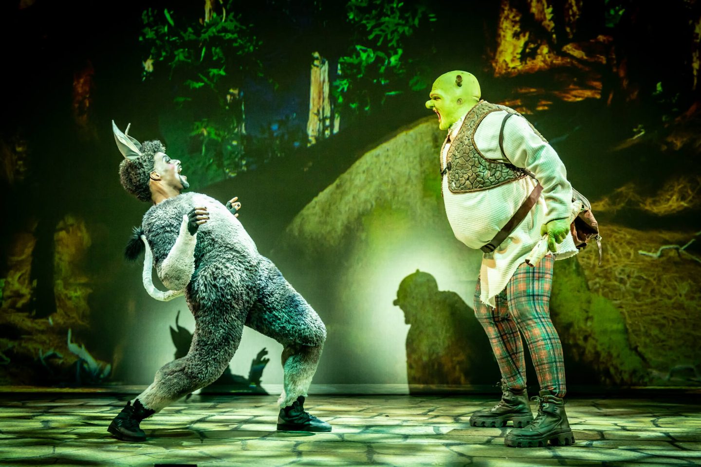 Shrek and Donkey on stage in Shrek the Musical at the Alexandra Theatre Birmingham