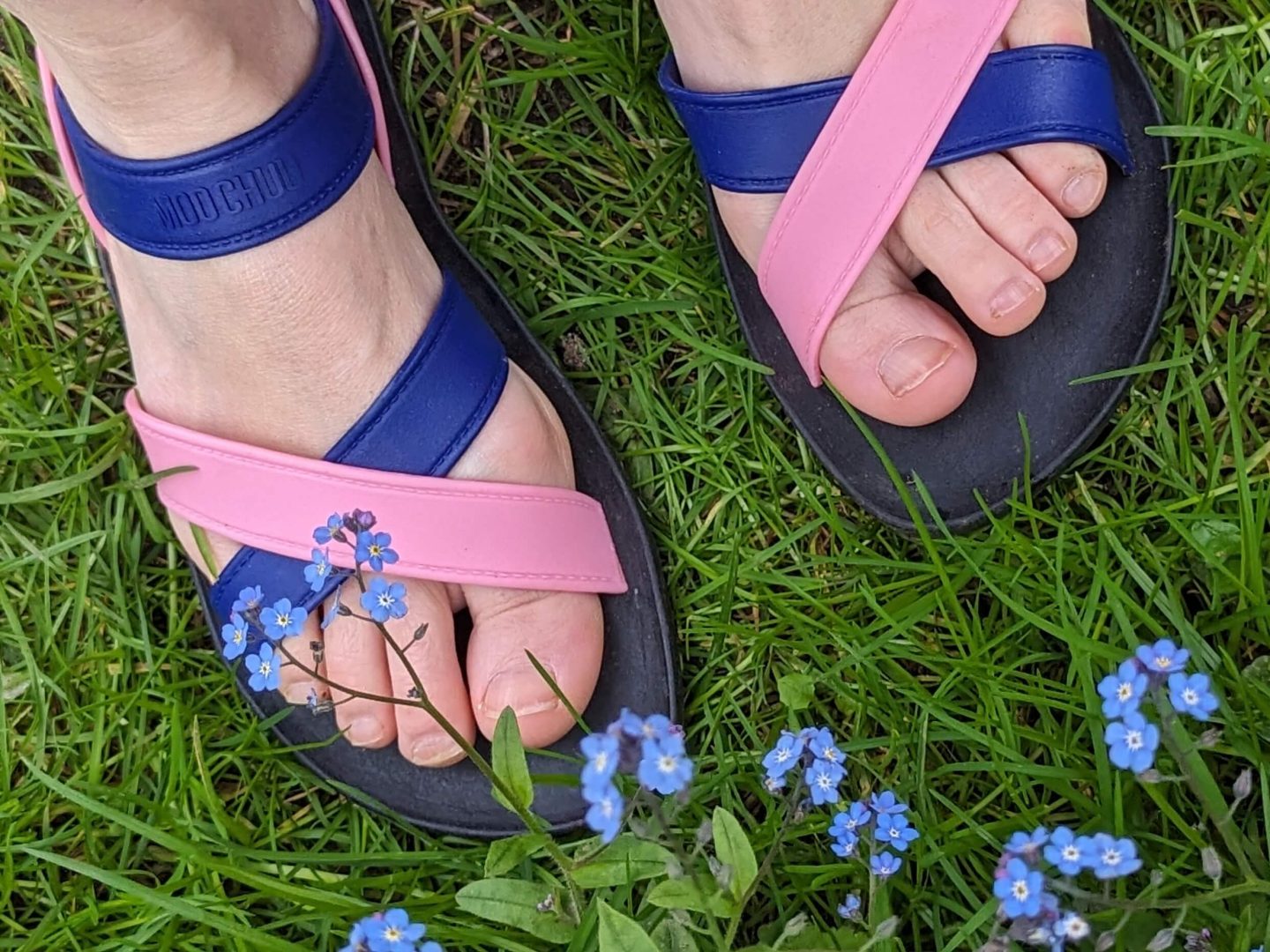 Female feet wearing pink and blue MOO CHUU sandals standing next to forget me not flowers on grass