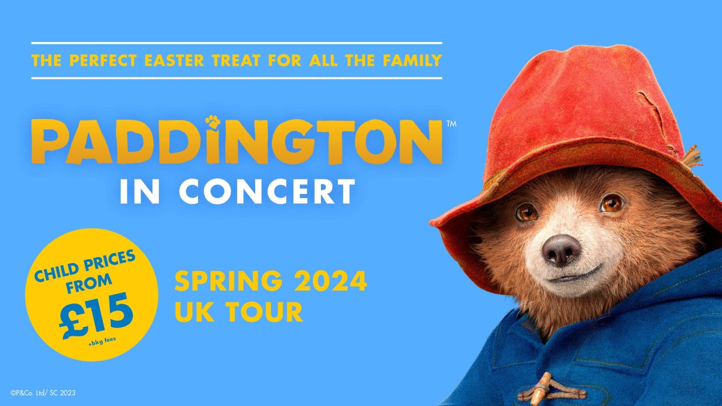 Words Paddington in Concert with picture of Paddington against a blue background