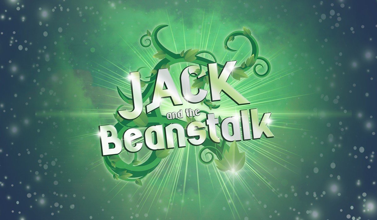 Text image: Jack and the Beanstalk written in white against a green background with green pattern detailing