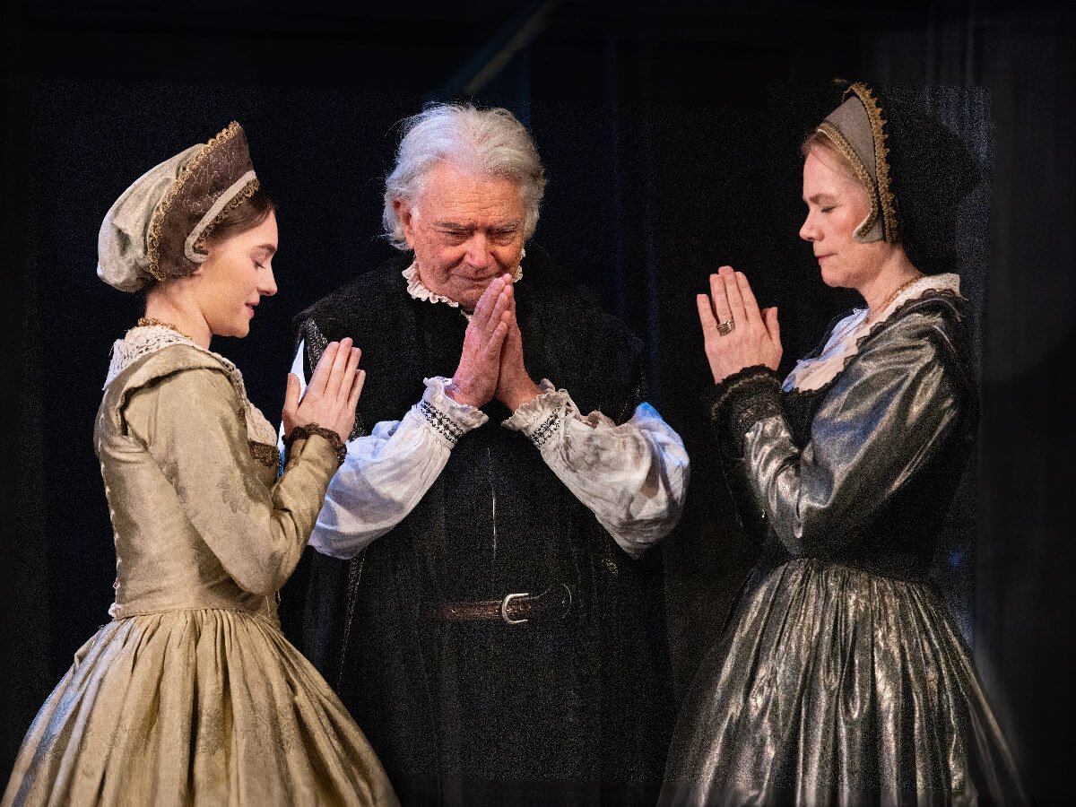 A Man For All Seasons cast members playing Sir Thomas More, his wife and daughter on stage at Malvern Theatres 