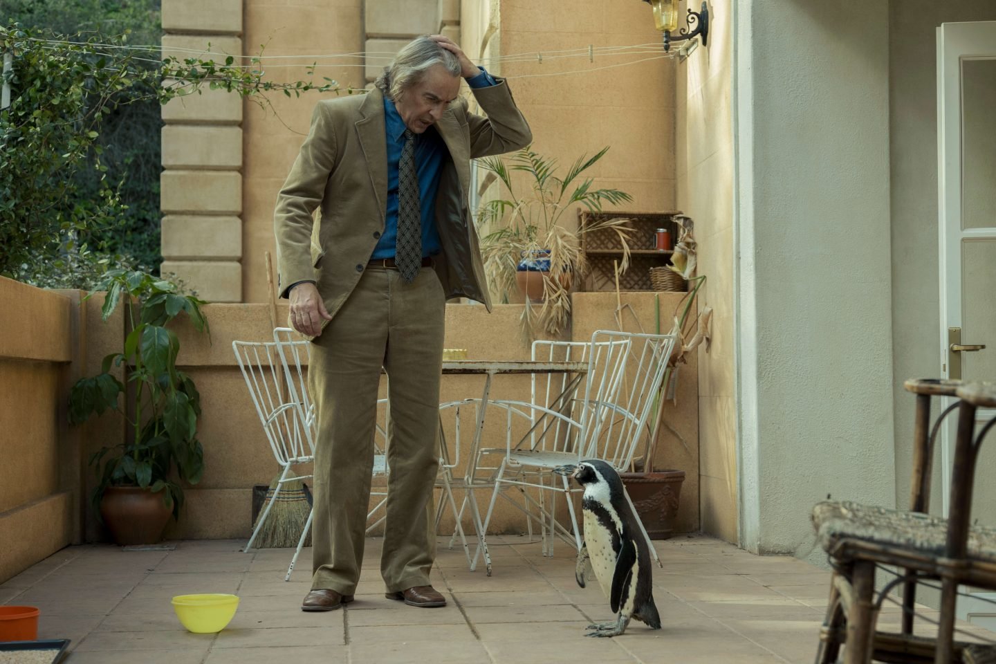 Steve Cougan looks exasperated at a penguin outside his apartment from the film the Penguin Lessons