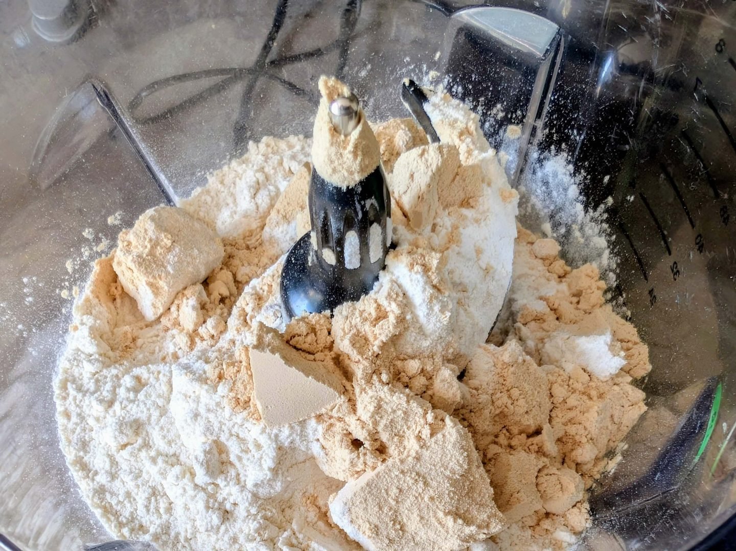 Protein powder and flour in a food processor ready to make pancakes