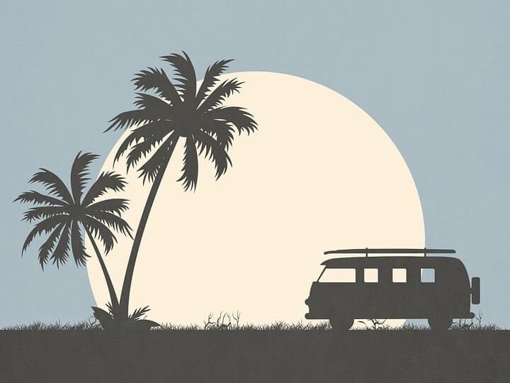 digital painting of a camper van silhouette with the sun behind and palm trees beside