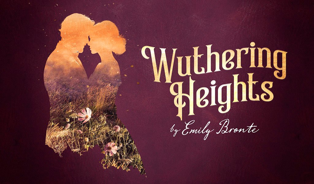 Wuthering Heights artwork from Courtyard Hereford with the title on a purple background and two people beside