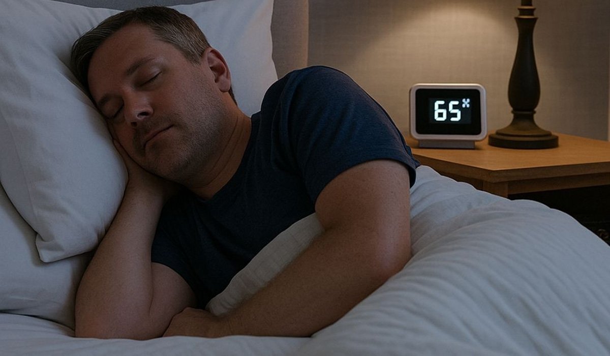 Man sleeping with bedroom humidity monitor