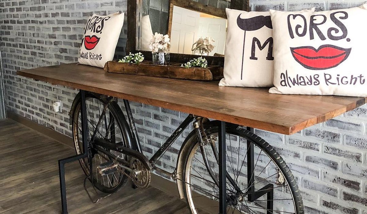 rustic bicycle console table with wood top