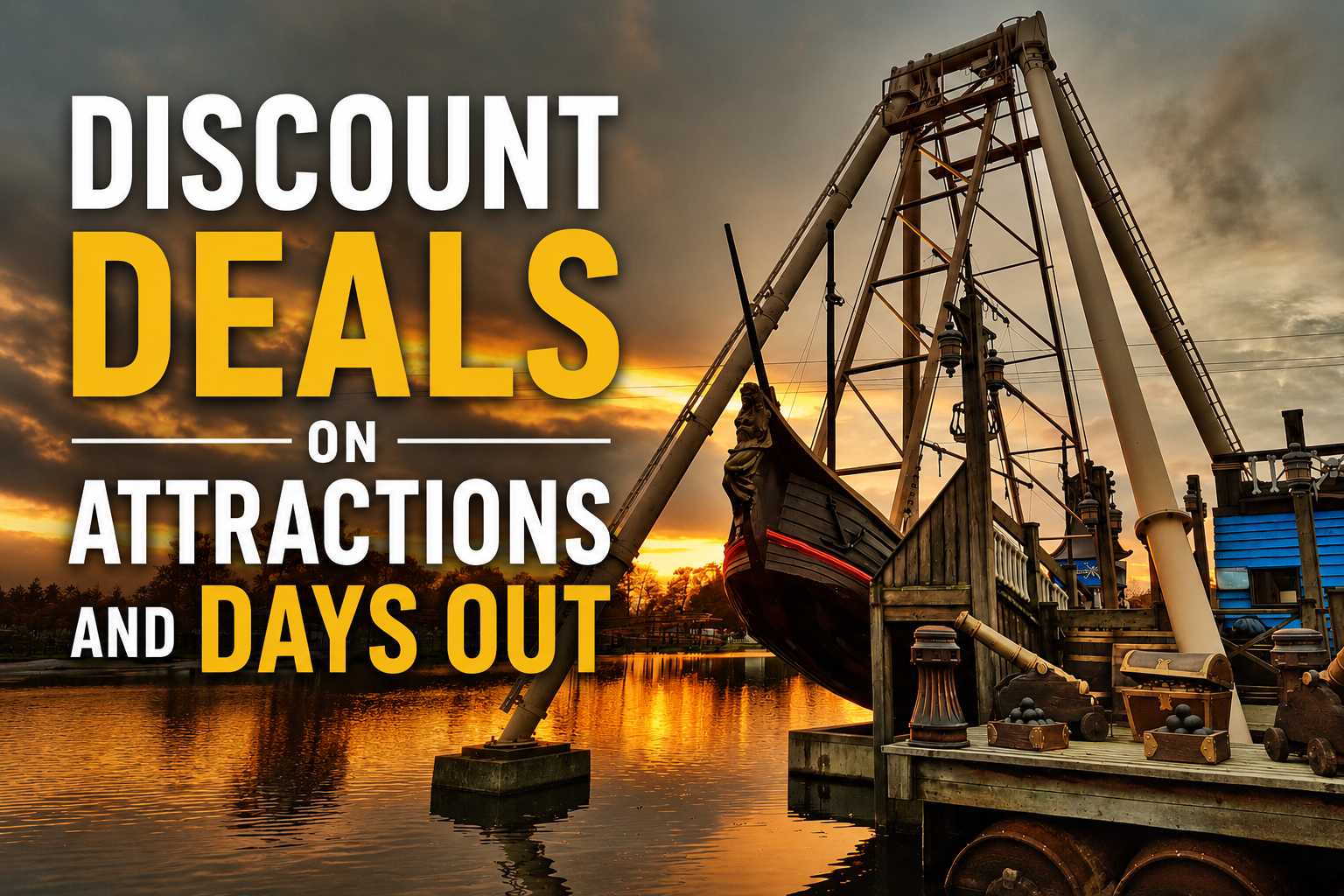 Title image - text: Discount deals on attractions and days out - displayed against a photo of Drayton Manor pirate ship is pictured against the sunset