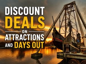 Discount deals on attractions and days out - displayed against a photo of Drayton Manor pirate ship is pictured against the sunset