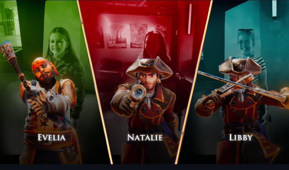Three pictures combined into one of three people transformed into pirate characters at Sandbox VR in Birmingham