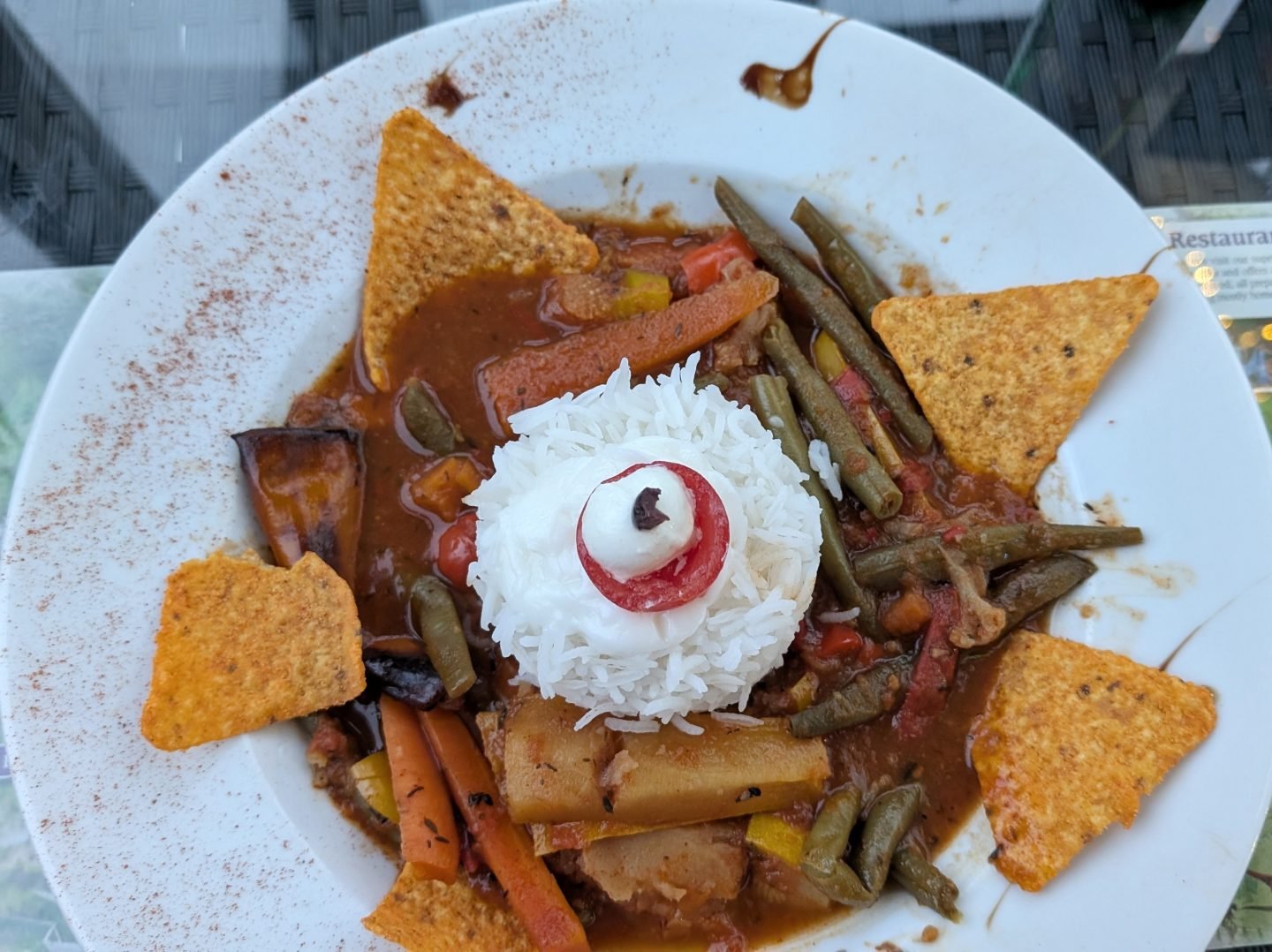 Vegetarian Chilli Con Carne on a bed of maggots at Ralph Court Gardens Halloween evening event