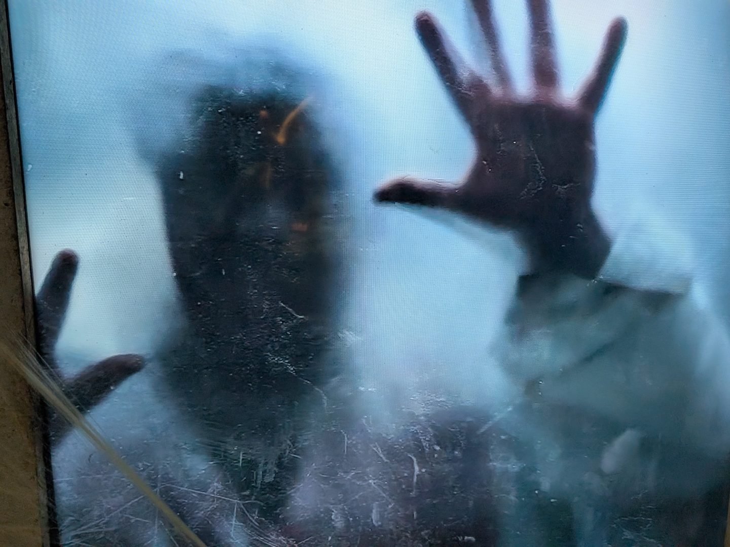 Face and hands at a window at Ralph Court Gardens Halloween evening event