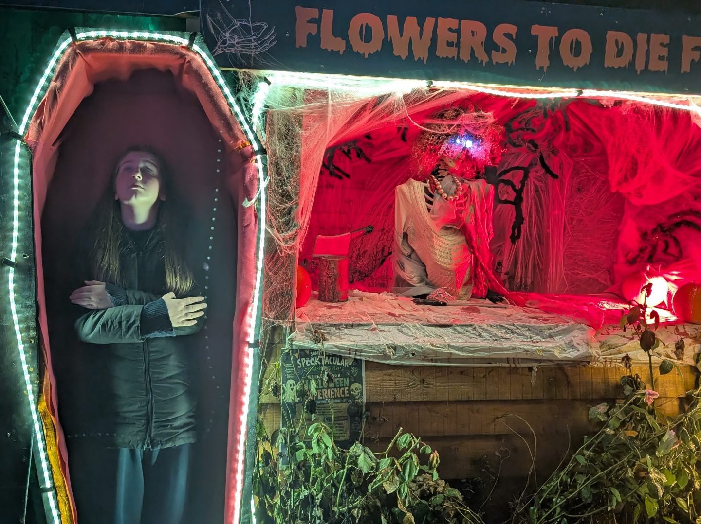 Girl standing in a coffin next to flower seller corpse at Ralph Court Gardens Halloween evening event